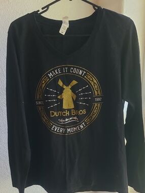 Dutch Bros Black Long-Sleeve Tee with Gold Windmill Graphic